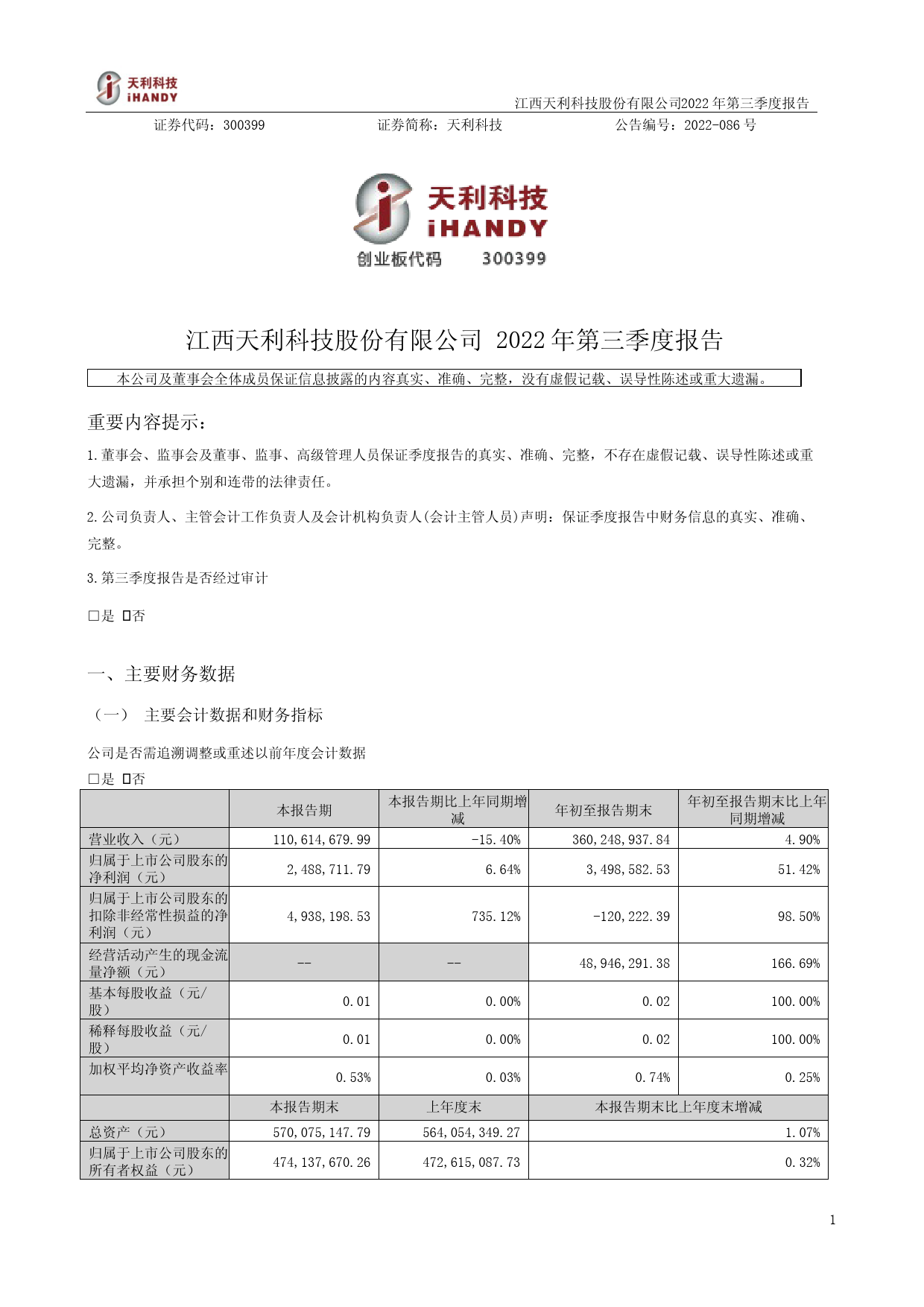 天利科技：2022年三季度报告_第1页